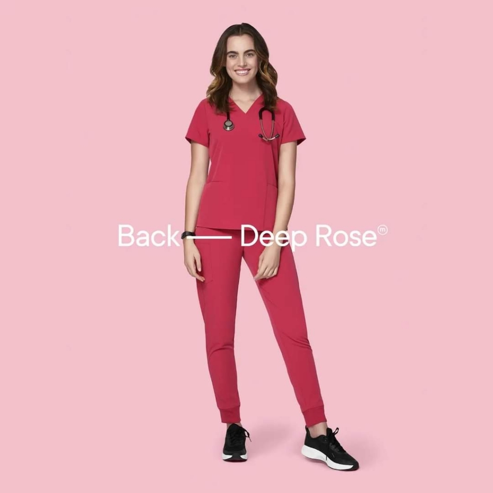 Mandala Scrubs Set One Pocket Top High Waisted Joggers Women's P XS Deep Rose
